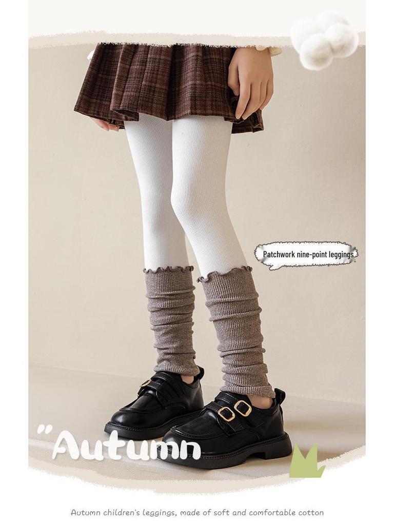 Children's Golden Brown Two-Piece Scrunched Socks & Warm Leggings Set for Autumn/Winter