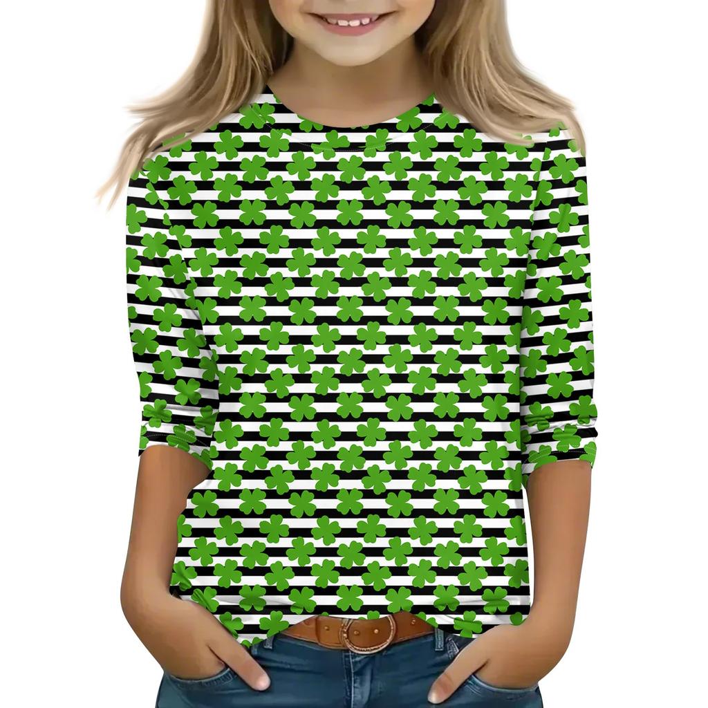 Bedruckte Oberteile für junge Mädchen von 5–16 Jahren, Rundhalsausschnitt, 3/4-Ärmel, T-Shirts, trendige Oberteile, Outfit-T-Shirts