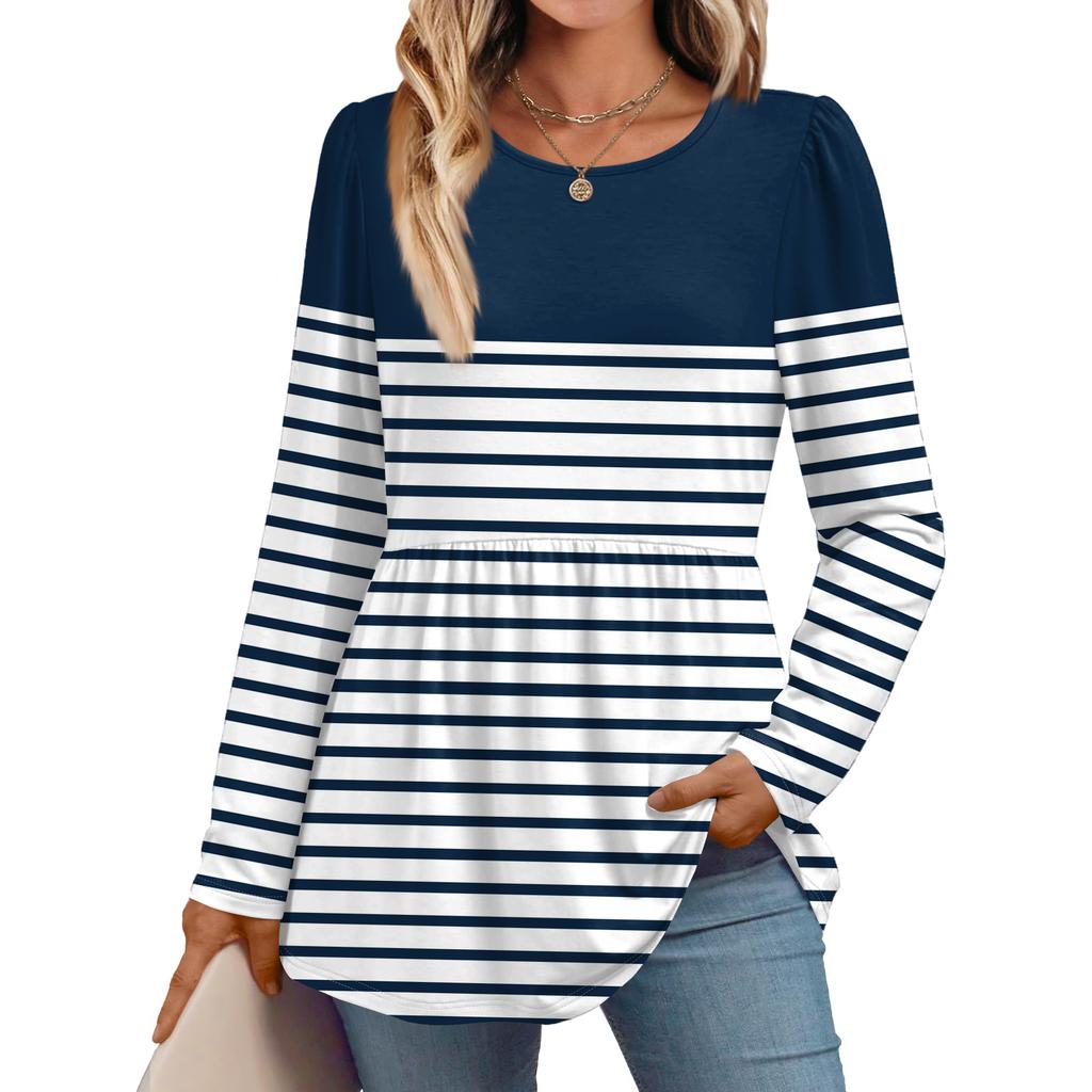 Women's Casual Fashion Long Sleeve Shirt Striped Tunic Top