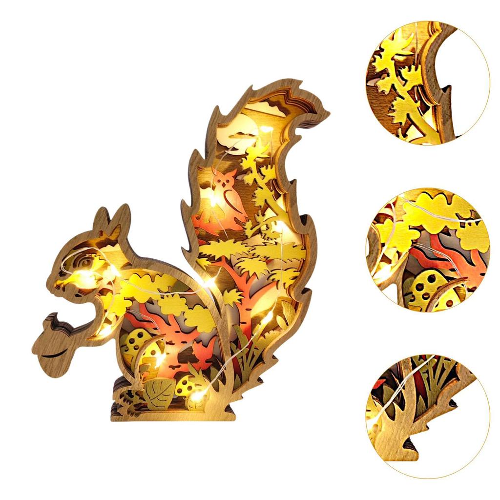 3D Wood Carving Squirrel Lamp Sturdy Creative Cute Delicate Hollow Squirrel Decoration for Gift Bookshelf Office Friend Birthday