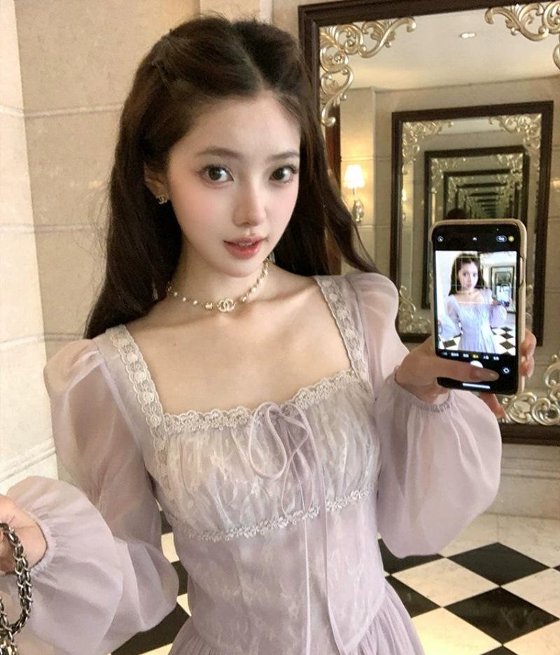 Fresh Purple Long Square Neck Long-sleeved Dress Women's Summer French Retro Daughter Style Temperament Waist Skirt