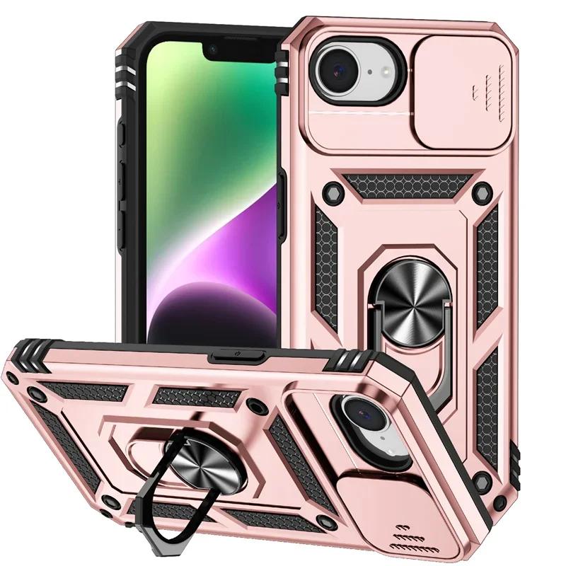 Armor Case For iPhone 16e 16 15 14 13 12 11 Pro Max Plus Case Slide Lens Camera Protection Ring Holder Shockproof Cover