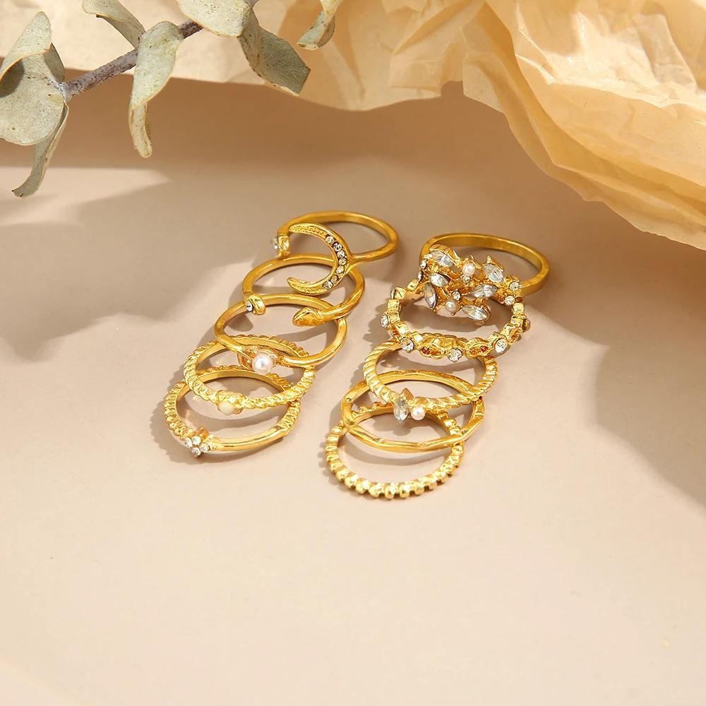 10 Pcs Rings Suit For Women Gold-color Chain Ring Set Bohemian Style Coin Snake Moon Star Party Trend Gift Zircon