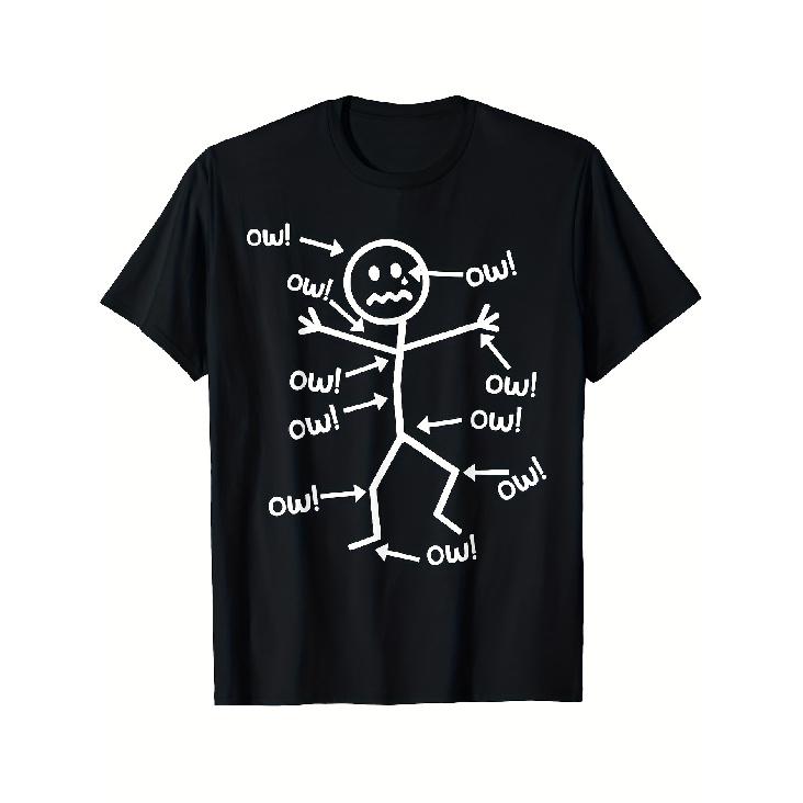 Funny Ow Ow Ow Word Art T-Shirt for & - Black with White -Style Onomatopoeic Print, Casual Round Neck Tee, All-Season Fit (Ow Chart Design) - Funny S чёрный