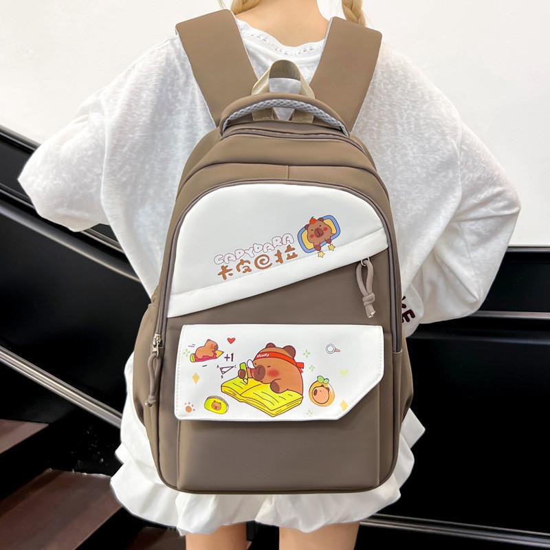 Capybara Cartoon Pattern Nylon Backpack With Striped Stitching For School Travel