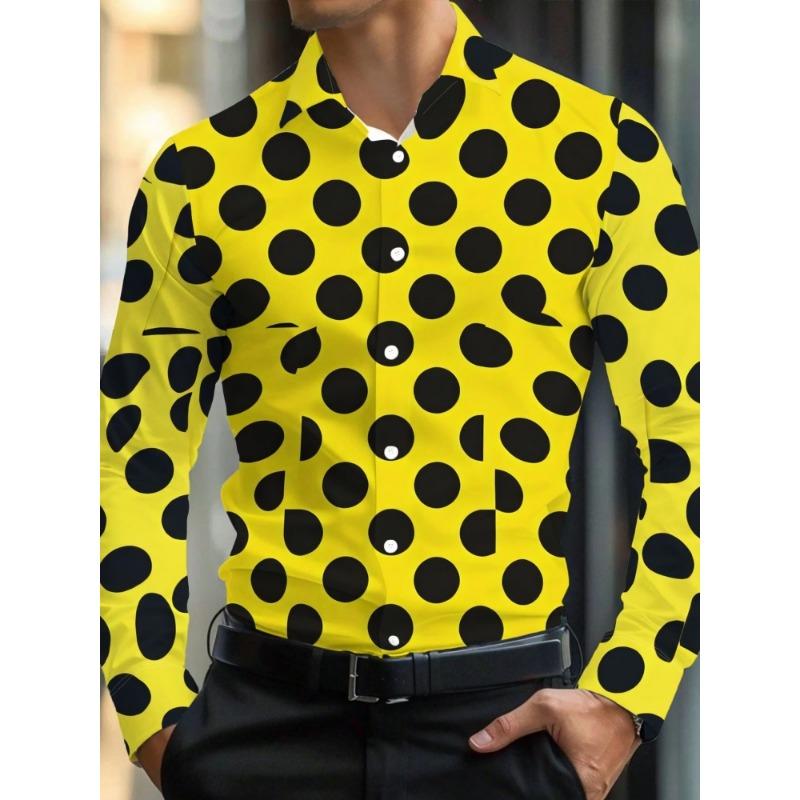 Camisa de Manga Larga con Lunares Grandes para Hombre, Camisa de Negocios con Cuello, Top Versátil Casual Europeo y Americano para Hombre