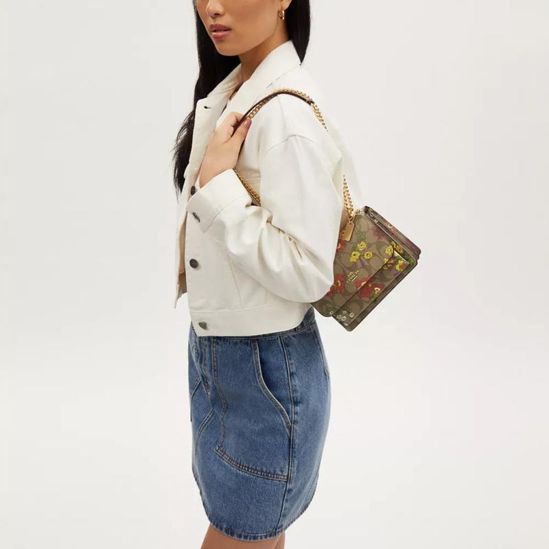 Coach Klare 17 Floral Print Icon Coated Canvas and Leather Shoulder Crossbody Bag Small Women's Gold and Khaki Multicolor