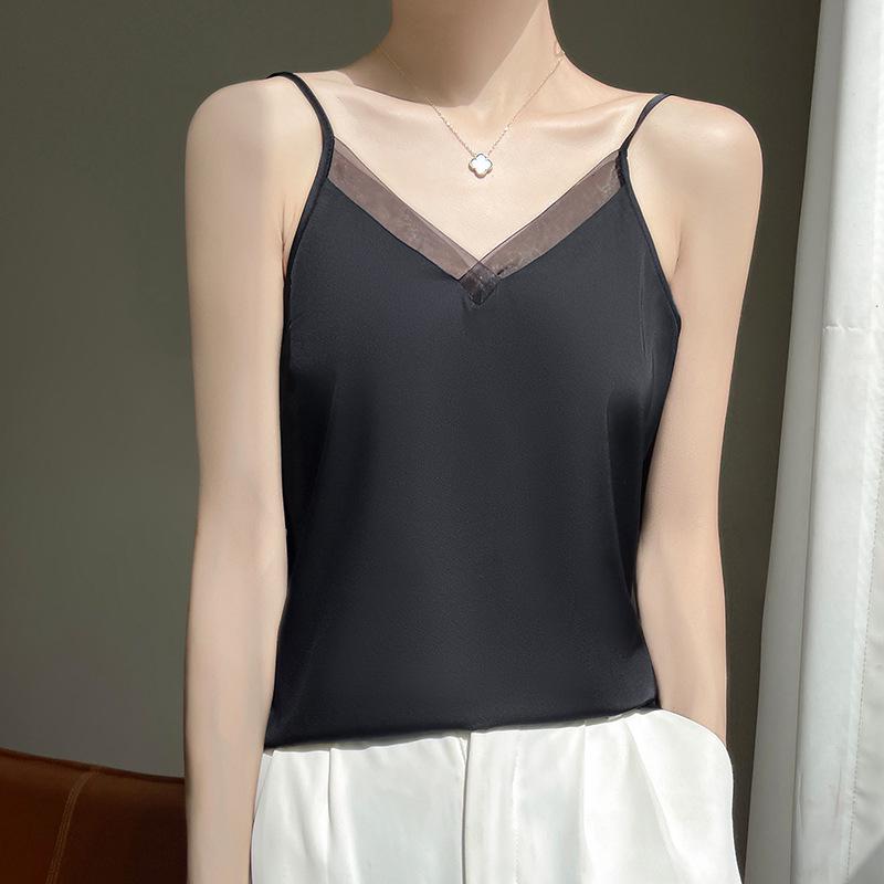 Silk Satin Women's Sleeveless V-Neck Mesh Spliced Camisole Vest - 2026 Spring/Summer Collection