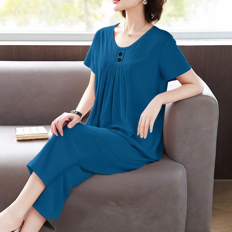 Summer Plus Size Women's Fashion Casual Commute Home Wear Set Short Sleeve Seven-Piece Pants Two-Piece Set