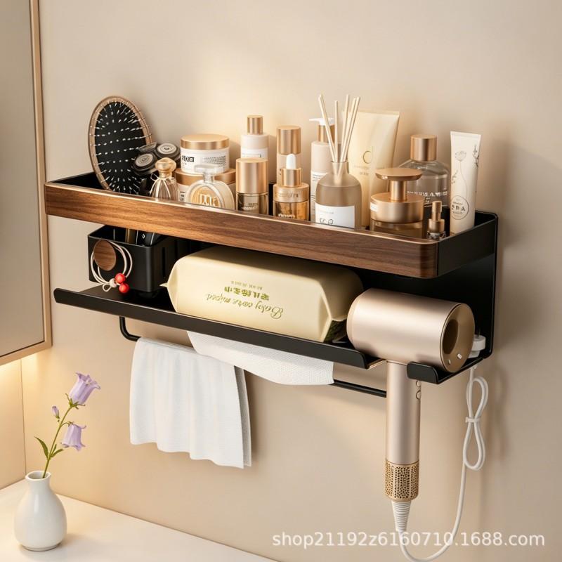 Walnut Bathroom Shelf Hair Dryer Holder Toilet Vanity Towel Storage Rack