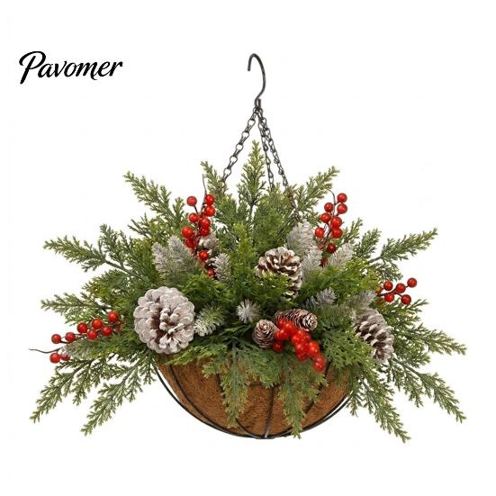 Winter Front Door Decoration Artificial Christmas Hanging Basket with Pine Branches, Red Berries & Pinecones, Natural Style Porch Decor Pre-lit