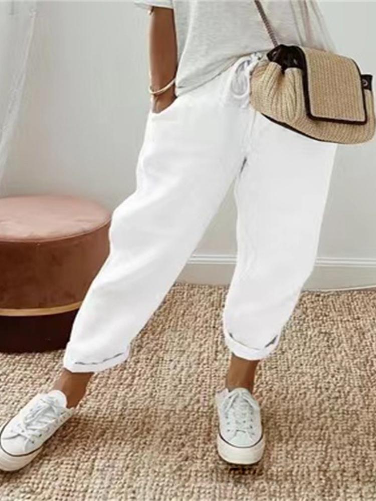 

Женские повседневные брюки из хлопка и льна с карманами, повседневные брюки со свободной талией для женщин XL белый