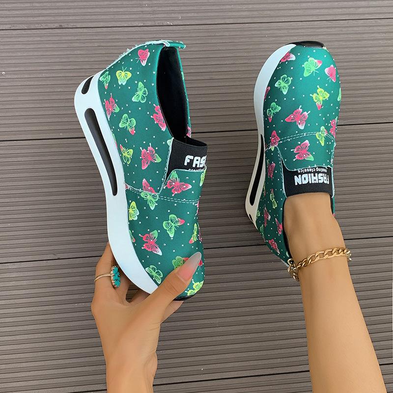Dámské sportovní boty velké velikosti s kulatou špičkou tlustá podrážka pro volný čas, jednoduché boty s potiskem barevného motýla, tenisky 35-42