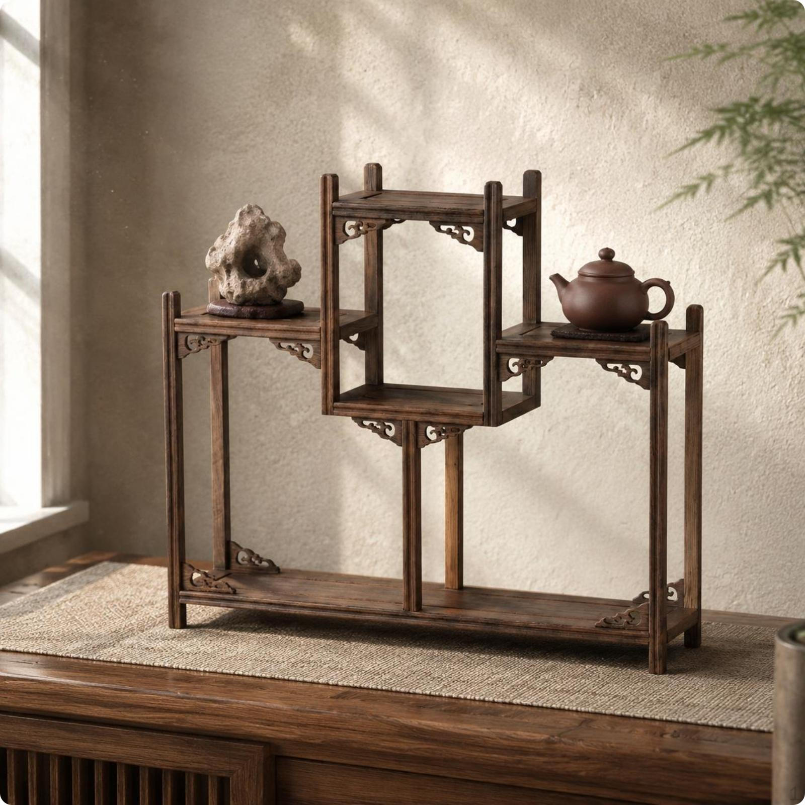 Wood Tea Set Rack Antique Look Carved Design Teapot Display Shelf for Living Room