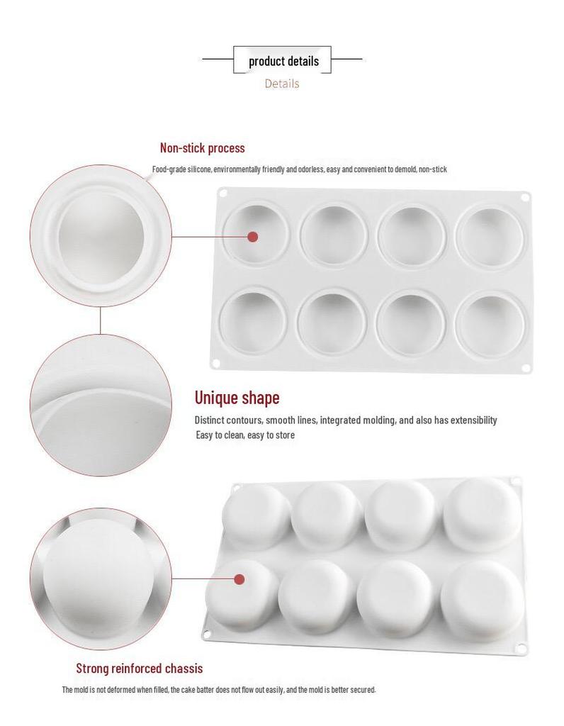 8-Cavity Round Mousse Cake Mold, 3D Silicone for Mirror Glaze and Desserts