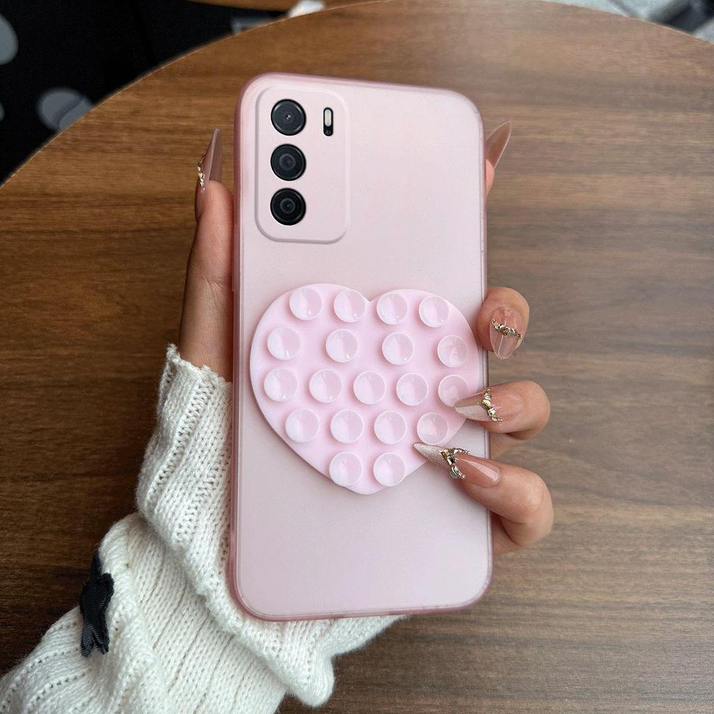 Heart Shape Suction Cup Phone Case for OPPO A16 Semi Transparent Matte Shockproof Soft TPU Cover