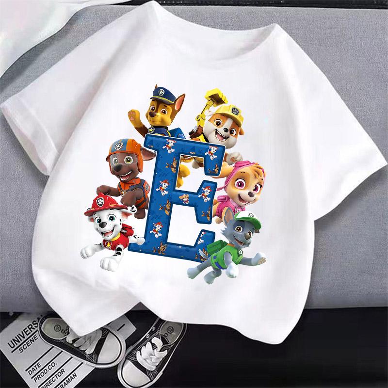 Cute PAW Patrol T-shirt Letter A-Z Boys Girls Clothes Short Sleeve Summer Cartoon Kids Birthday Toddler Cotton Outdoor Wear Gift