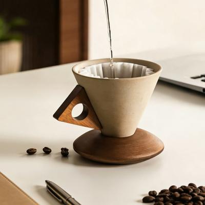 Creative Cone Coffee Cup Set with Ergonomic Handle Solid Wood Coaster High-Temperature