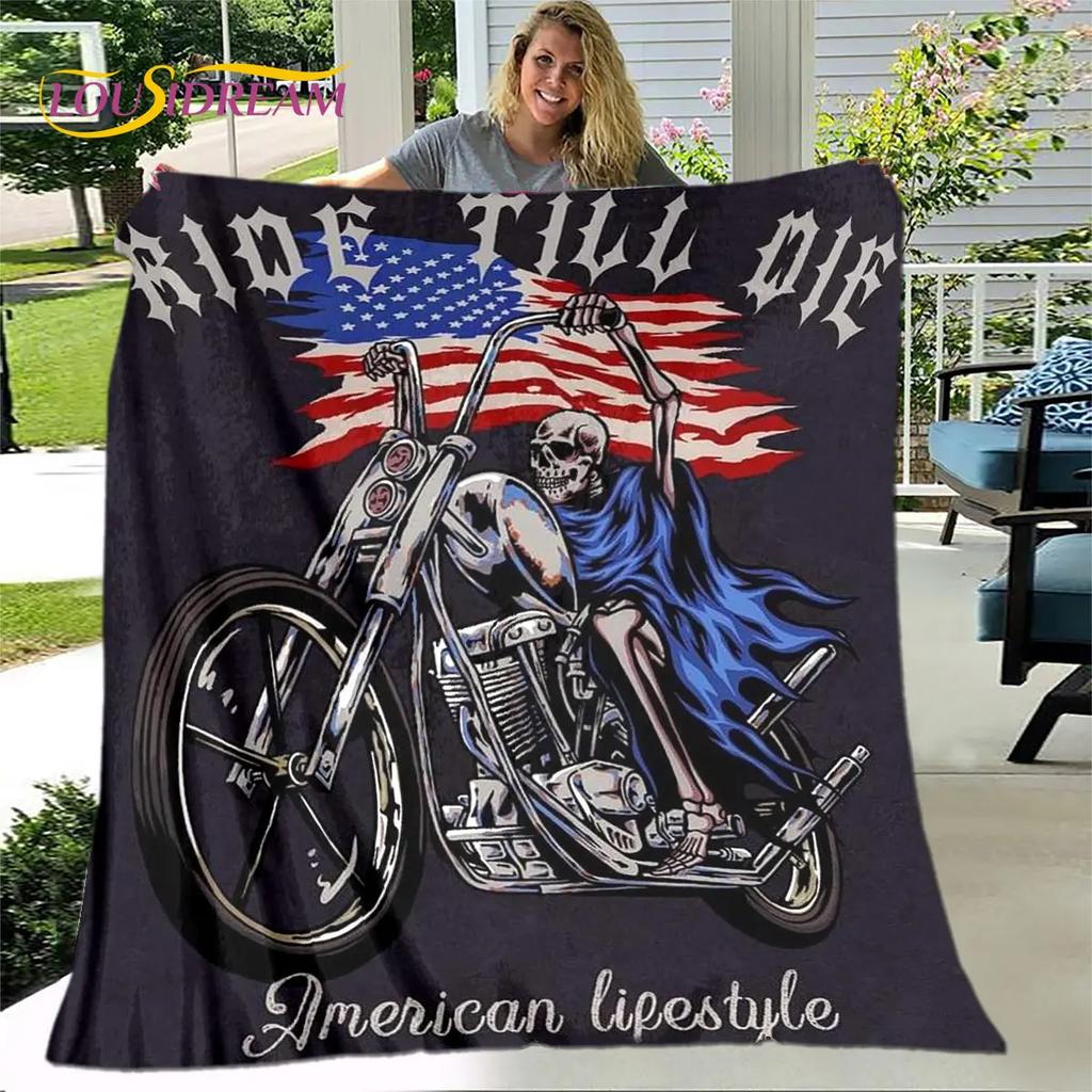 Retro Vintage Motorfiets schedel Zachte Pluche Deken, Flanellen Deken Worpdeken voor Woonkamer Slaapkamer Bed Sofa Picknick Deksel
