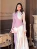 2024 Autumn/Winter Women's European Retro Color Block Slimming Long Sleeve Evening Dress