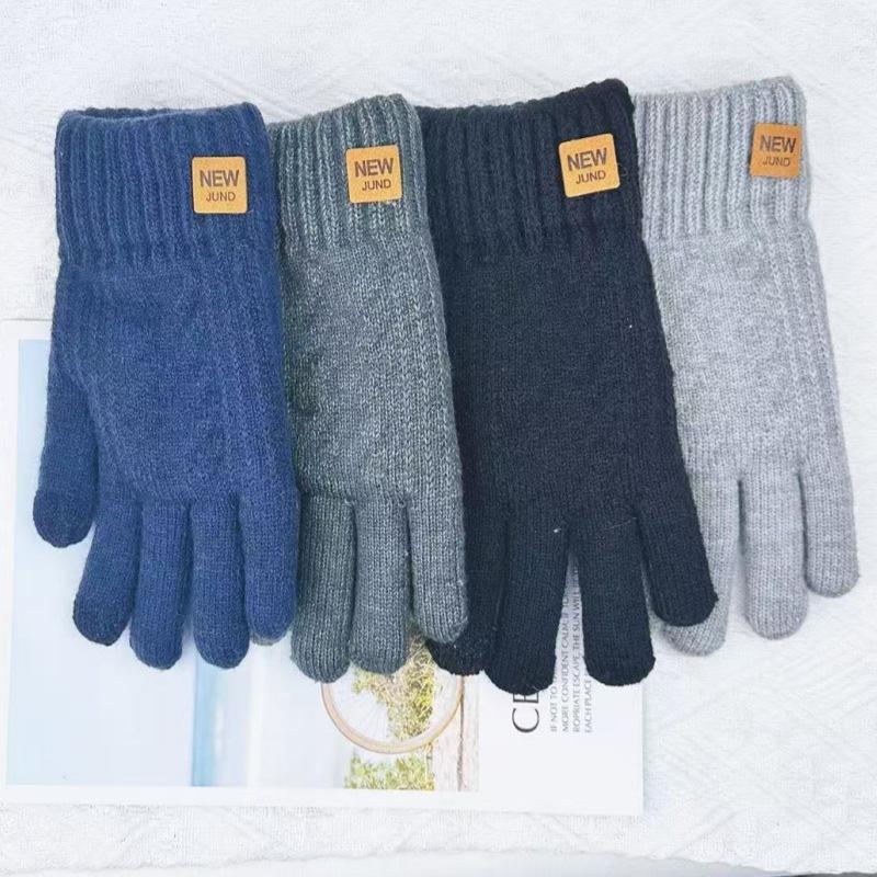 Men's Warm Gloves for Winter Cold Protection Double Layer Solid Color Knitted Gloves for Outdoor Cycling