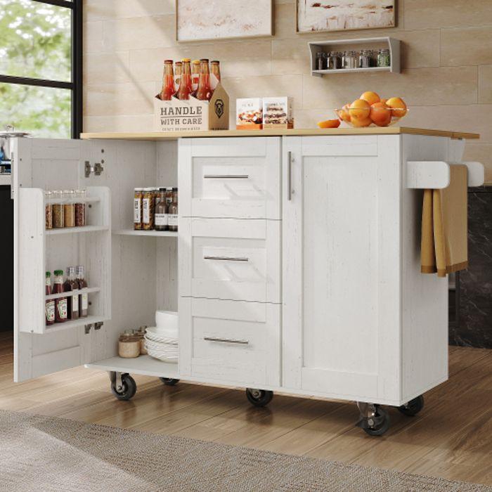 Kitchen Island - MUVOE - White - Removable Casters - 3 Drawers - Dense Panel