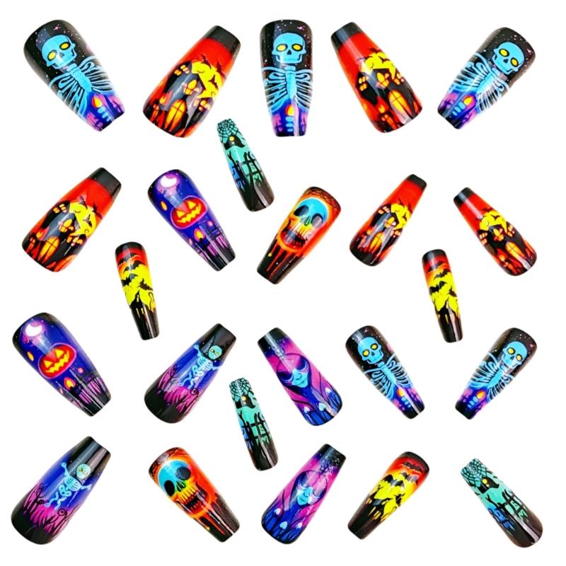Beautiful Halloween Press-On Nail Set of 24 - Skeleton, Pumpkin, and Bat Designs Perfect for Festive Nail Art Enthusias