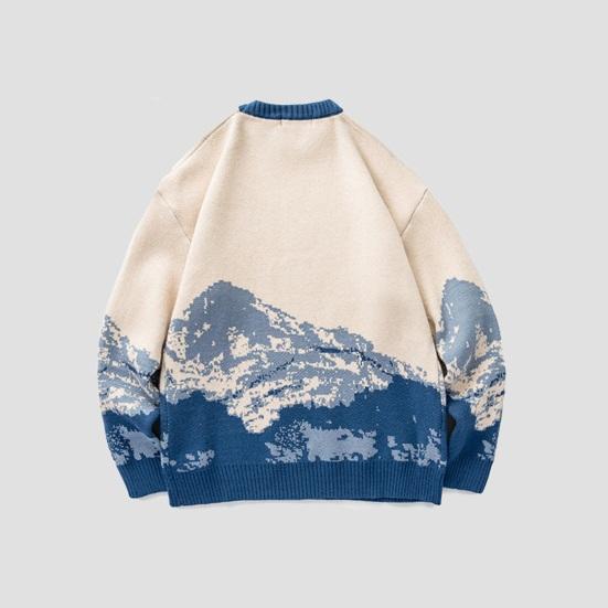 Herbst Winter Herren Pullover Batikmuster Schneeberg Muster Farblich passende Rundhals Strick Dick Lange Ärmel Warme Lose Herren Strickmode