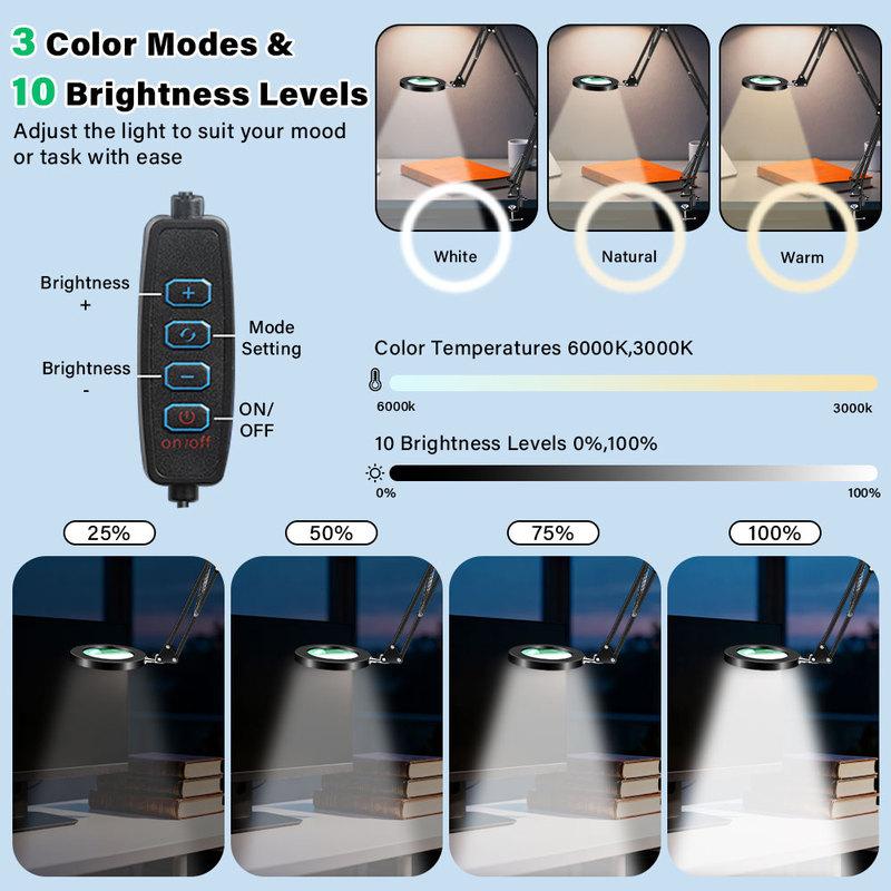 Dreistufig faltbare Lupe mit Licht und Klemme 3 Farbmodi Stufenlos dimmbar Flexibler Schwenkarm 72 LED Schreibtischlampe