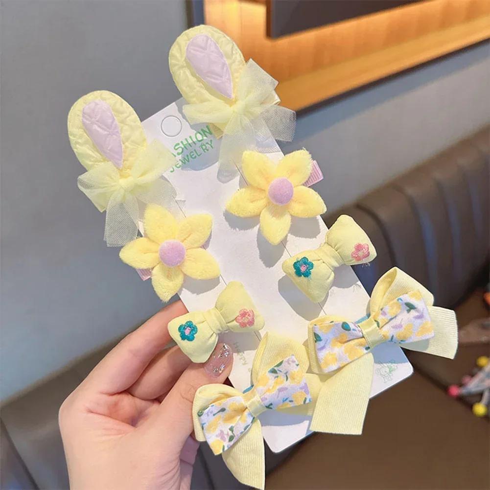 8pcs/set Cute Cartoon Rabbit Ear Hairpin Fabric Embroidery Flower Bowknot Hair Clips Girls Headwear Hair Accessories