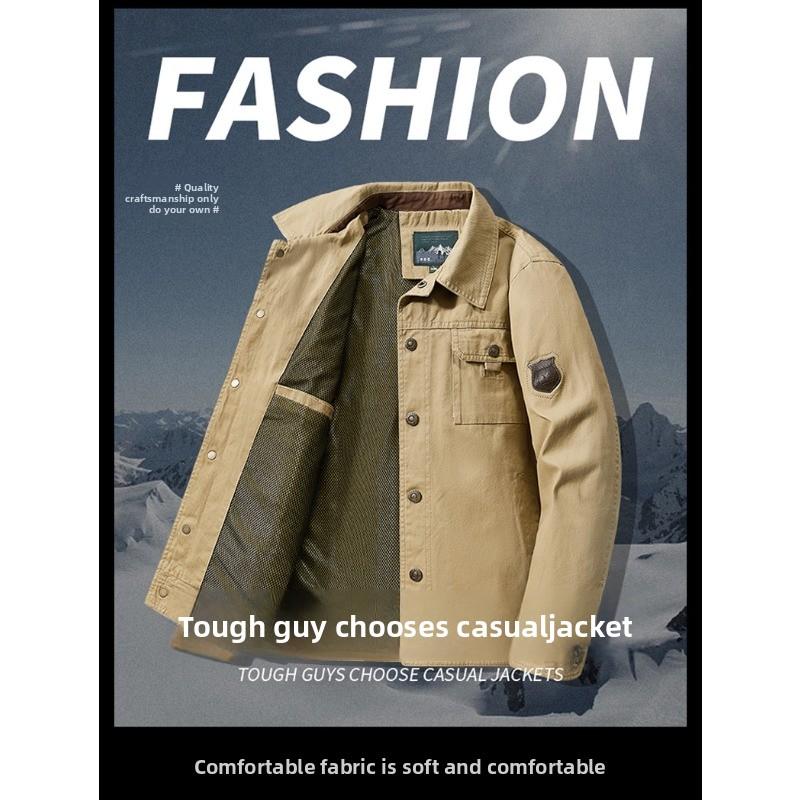 Spring and Autumn Style Lapel Jacket for Men's Outdoor Multi Pocket Workwear Top for Men's Loose Casual Jacket