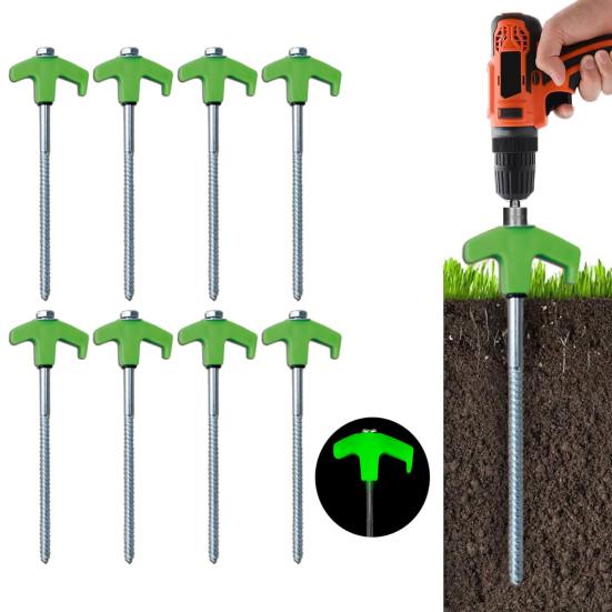 8Pcs Tent Stakes Heavy-Duty Metal Camping Stakes Threaded Anchors Up with Drill or Hammer Superior Grip Tent Pegs on Grass