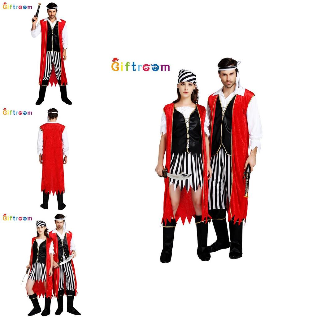 תחפושת פיראטים אלגנטית ומסוגננת לזוגות למסיבות ליל כל הקדושים עם גלימה אדומה