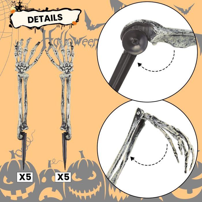Lot de 8 décorations de bras de squelette pour Halloween, mains de squelette réalistes, décorations de jardin, pelouse