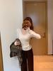 Miu Style Women's Lace Spliced V-Neck T-Shirt - Warm Base Layer for Autumn/Winter