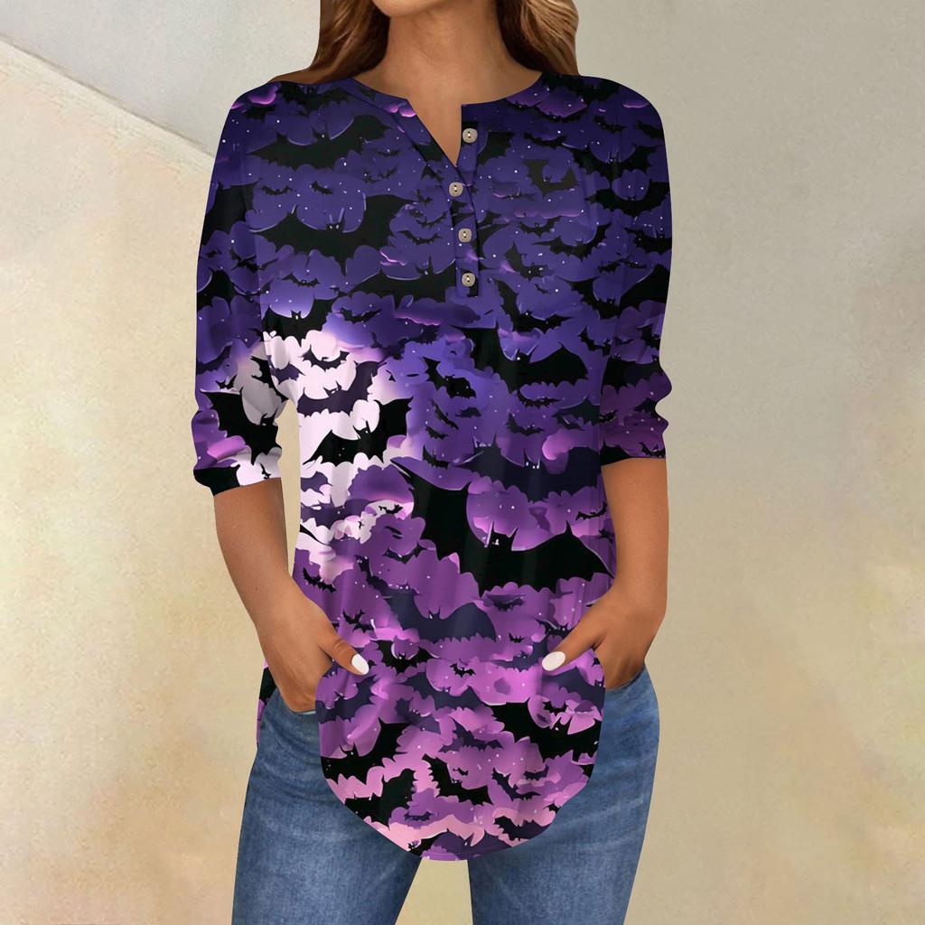 Women's Fashion Loose Button Collar Halloween Print Long Sleeve T-Shirt Top Pullover