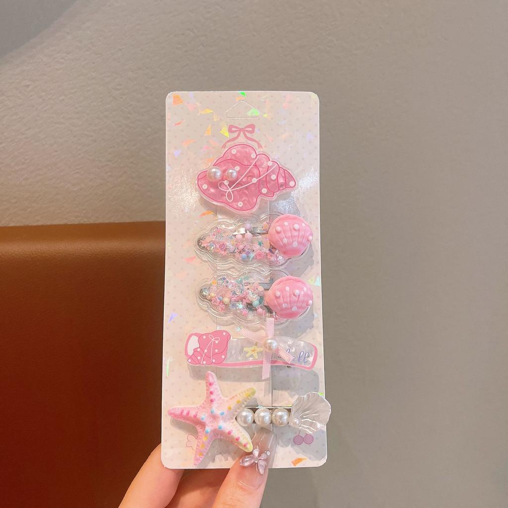 5Pcs Girls Cute Hair Clips Colorful Starfish Shell Pearl Design Duckbill Clip Children's Side Broken Hair Clips Mermaid Princess Hairpin Headdress