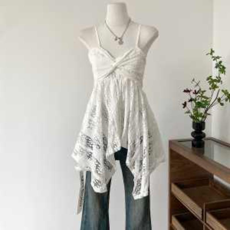 Women's Lace Spaghetti Strap Asymmetrical Hem Blouse Twist Front Elegant Casual Top