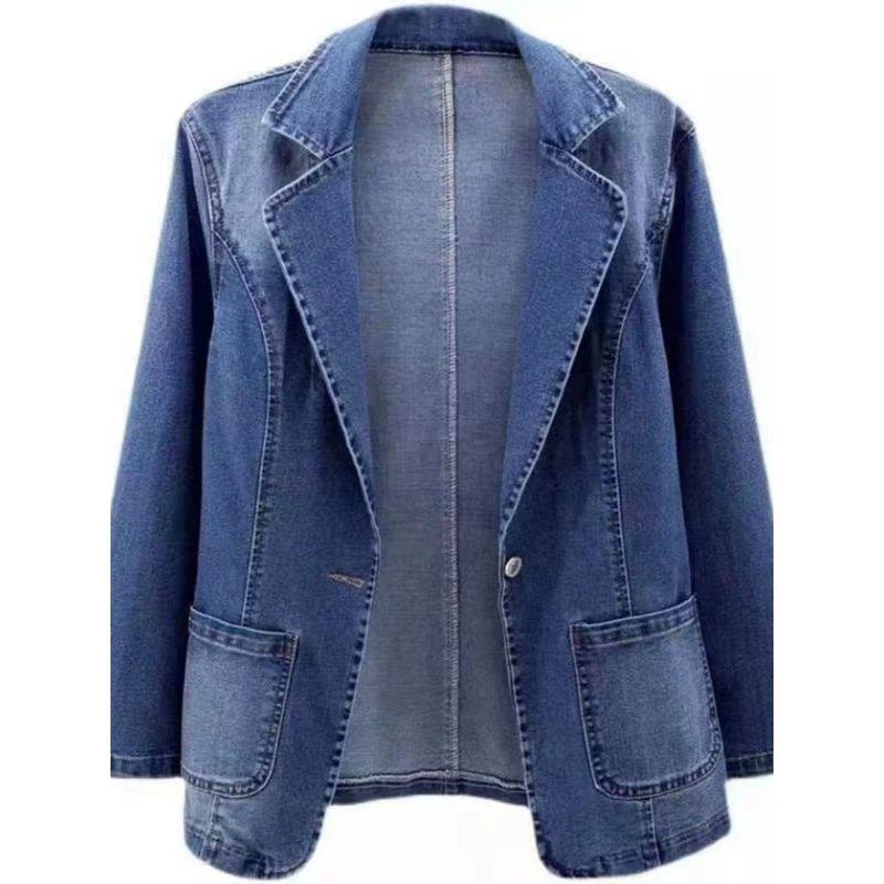 Hong Kong Style Fashion Autumn Suit Collar Blue One Button Slim Looking Stretch Casual Denim Long Sleeves Outwear Plus Size Women's Clothing