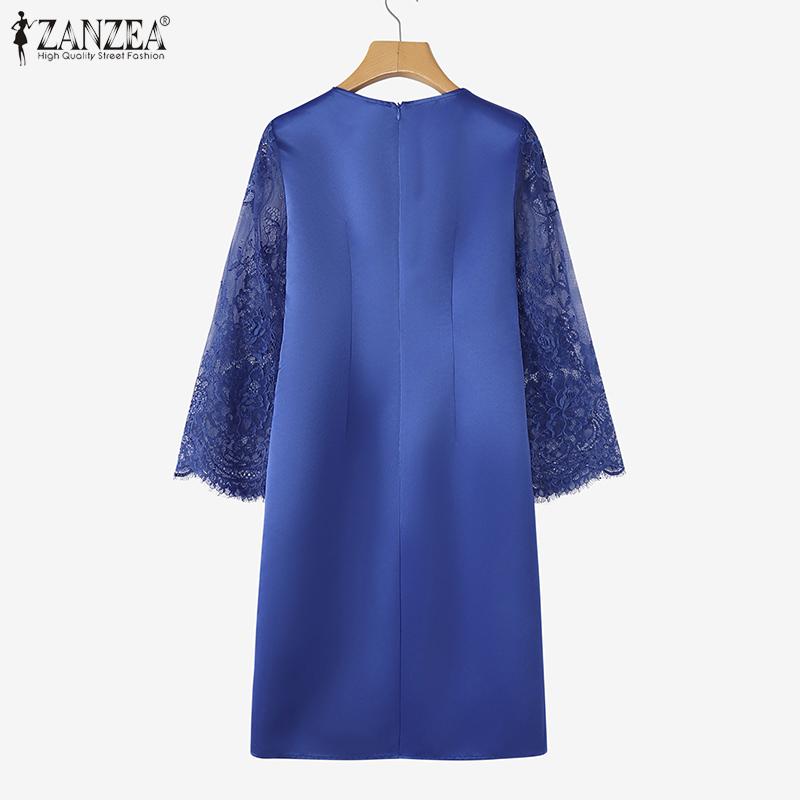 ZANZEA Kobiety Casual Koronkowa Rękaw 3/4 Letnia Sukienka Ołówkowa Patchworkowa