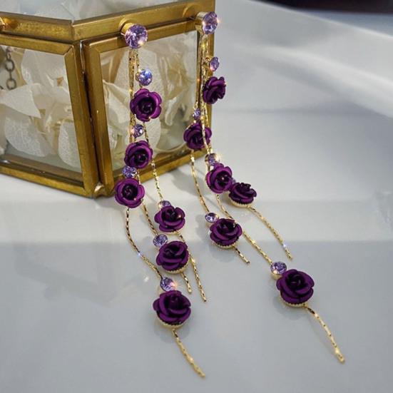 1 Paar Glänzende Strass Elegante Damen Ohrringe Rosenblume Lange Quaste Hängeohrringe Party Schmuck