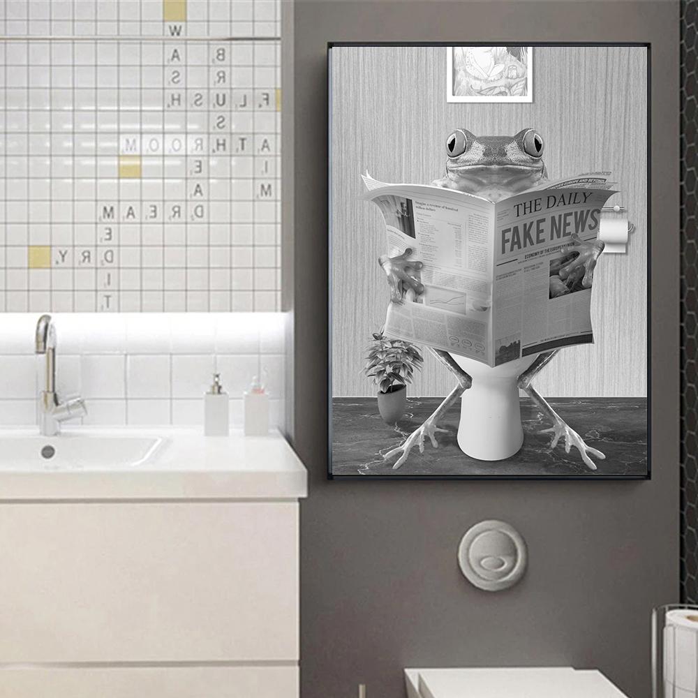 Funny Frog In Bathroom Print Art Toilet Wall Black White Poster Whimsy Animal Reading Newspaper Canvas Painting Room Home Decor