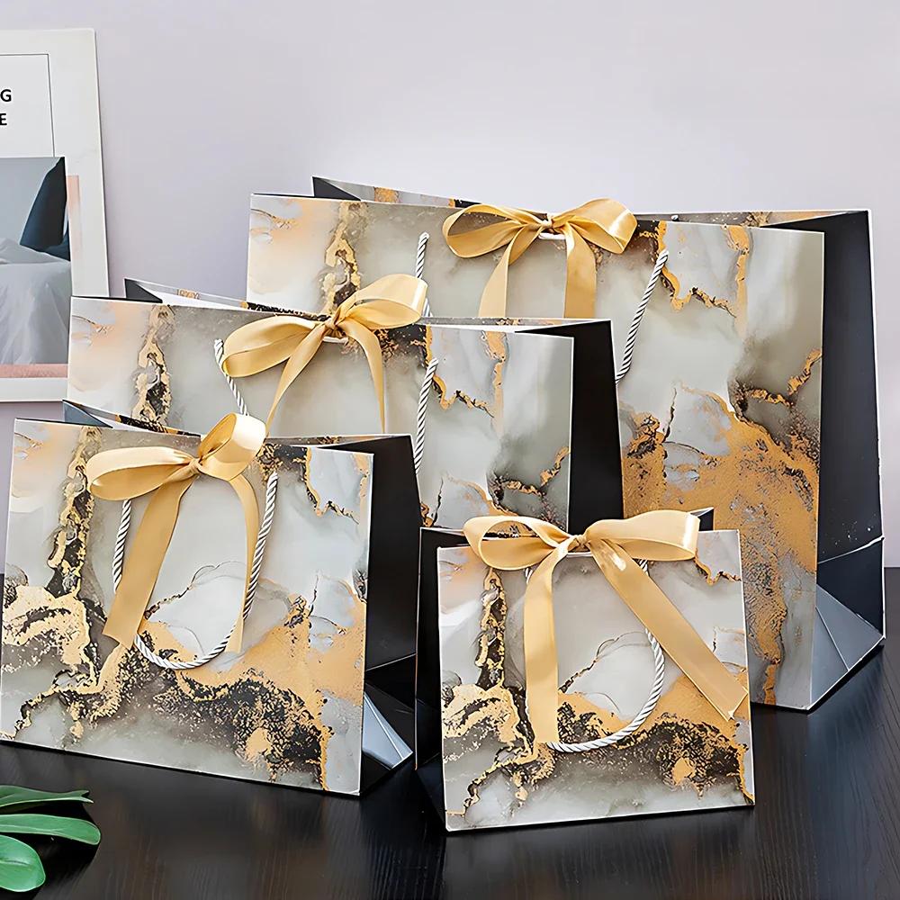 1-20PCS Marble Gift Bags with Ribbon Fashion Tote Paper Bags Clothing Shopping Bags Candy Bags Party Gift Packaging Supplies