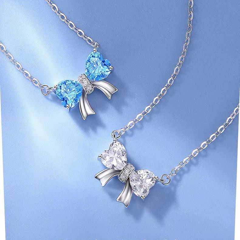 Elegant Heart-Shaped Bow Necklace, Zircon Pendant, Simple Women's Jewelry