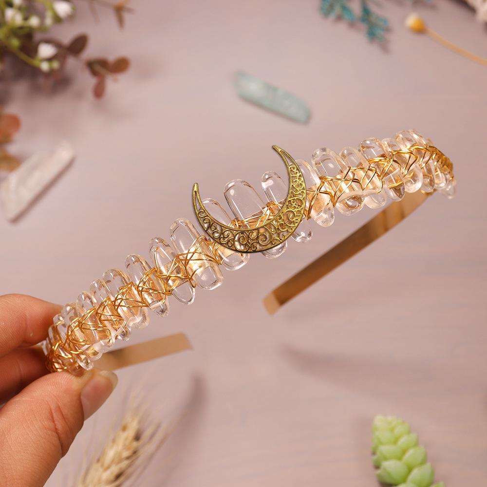 Rose Gold Crushed Stone Crown Headband with Moon Accent