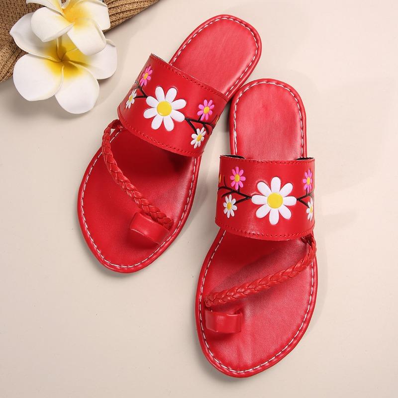 

Summer new large size flat bottom set of toe slippers women s fashion wear flower beach cool slippers 43 красный
