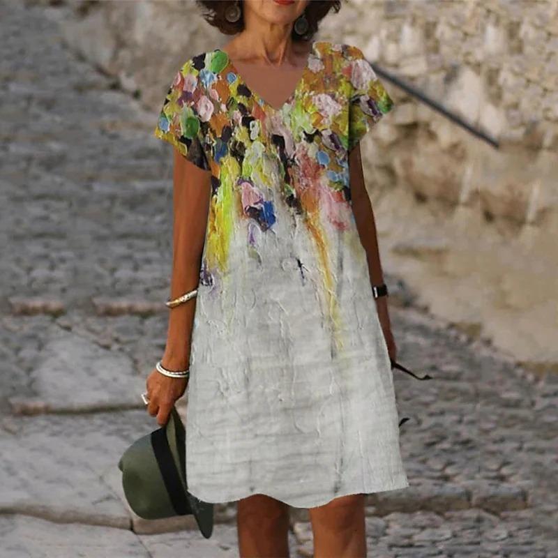 3D Peacock Floral Print Dresses For Summer Women Fashion Short Sleeve V-Neck Loose Dress Vintage Oversized Ladies Dress