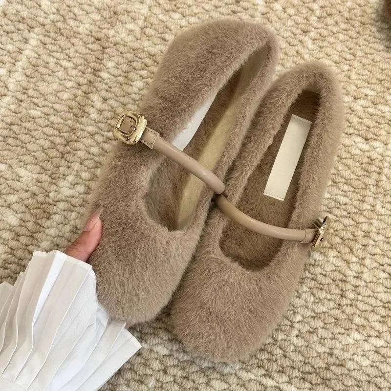 Women's Fashion Flat Cotton Shoes Autumn Winter New Pointed Soft Sole Anti-slip Single Shoes Luxury Plush Flat Mary Jane Shoes