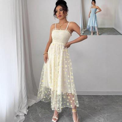 European and American Homologous Small Daisy Mesh Yarn, Tube Top Sling, French Retro Medium and Long Jumpsuit
