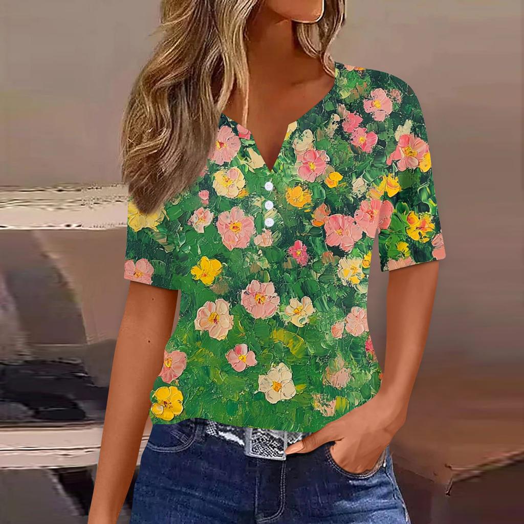Women's T Shirt Print Button Short Sleeve Daily Weekend Fashion Basic V-Neck Regular Top